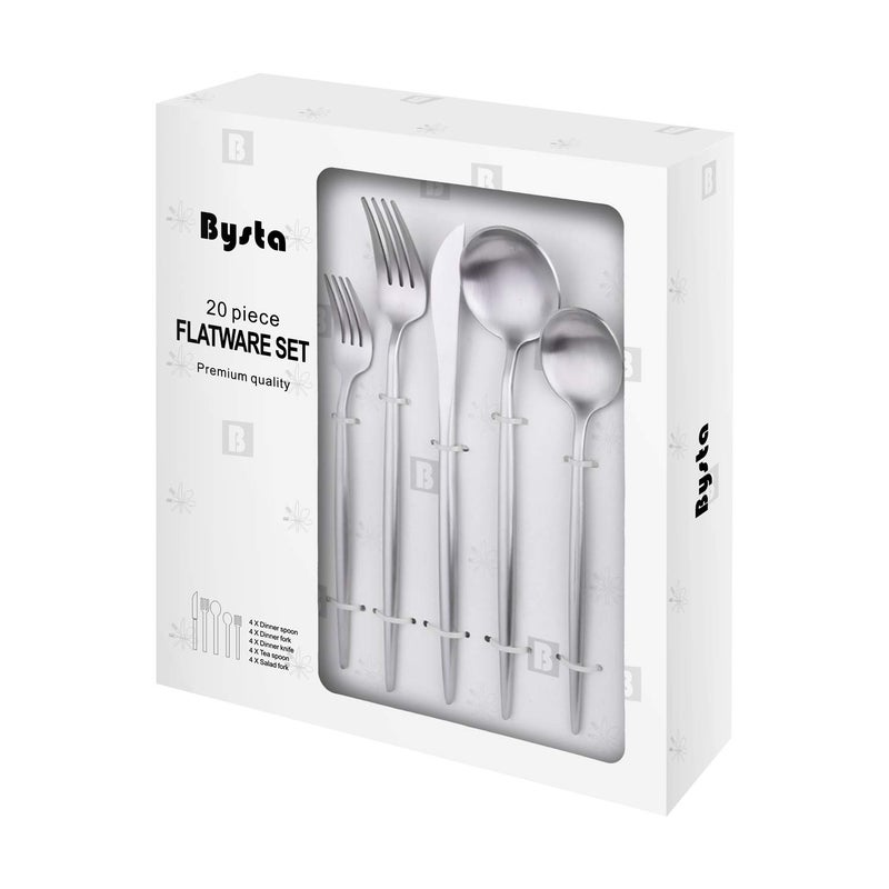 Bysta Matte Silverware Set, Bysta 20-Piece Stainless Steel Flatware Set Cutlery Set Service For 4, Satin Finish, Dishwasher Safe, Nice Gift Box - Image 1